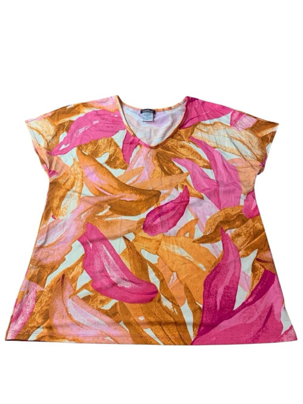 Kim & Co. Fuchsia Multi Abstract Leaf Print V-Neck Brazil Knit Top - Large